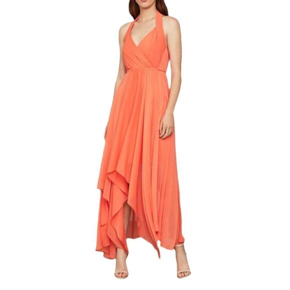 BCBGMAXAZRIA Chiffon Faux Wrap High Low Halter Dress Tie At Waist Salmon XS - Picture 1 of 6